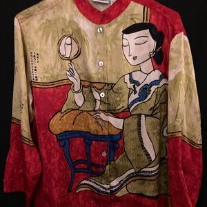 Chico’s Design Women’s Silk Blouse / jacket Geisha Art Size 1
